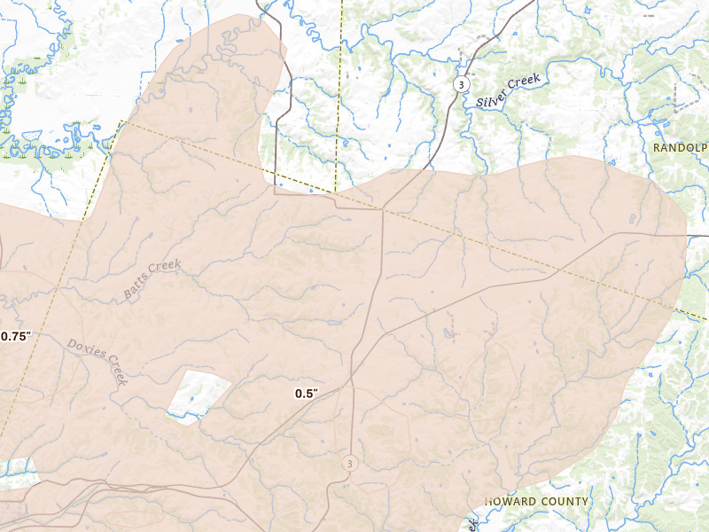 Radar-estimated hail-size map of the storm over Armstrong, MO on May 31, 2026