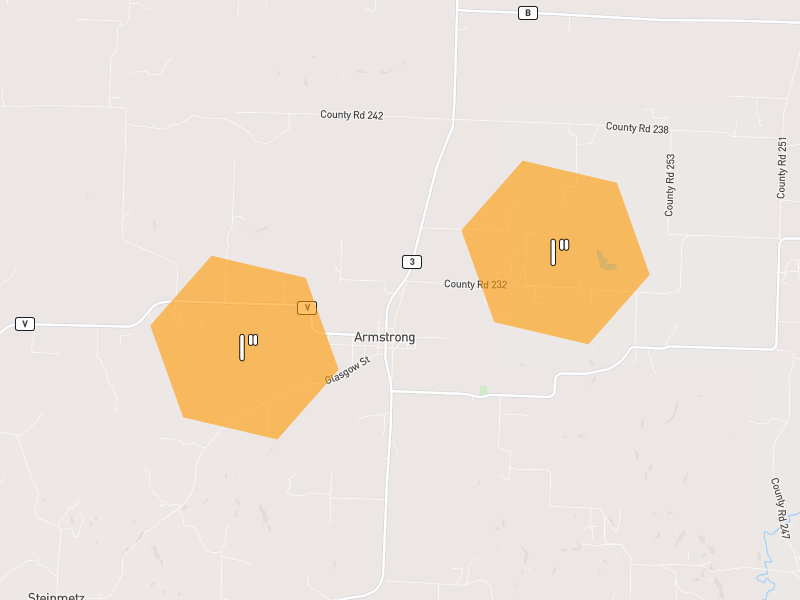Hail map of Armstrong, MO on Jun 1, 2026, hail up to 1"