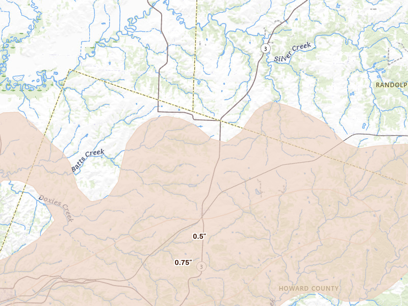 Radar-estimated hail-size map of the storm over Armstrong, MO on Jun 11, 2026