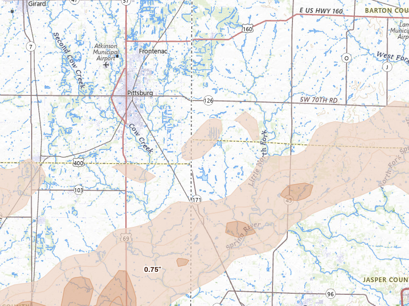 Radar-estimated hail-size map of the storm over Asbury, MO on Apr 15, 2026
