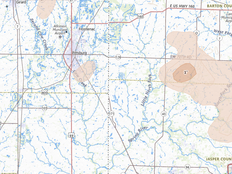 Radar-estimated hail-size map of the storm over Asbury, MO on May 30, 2026