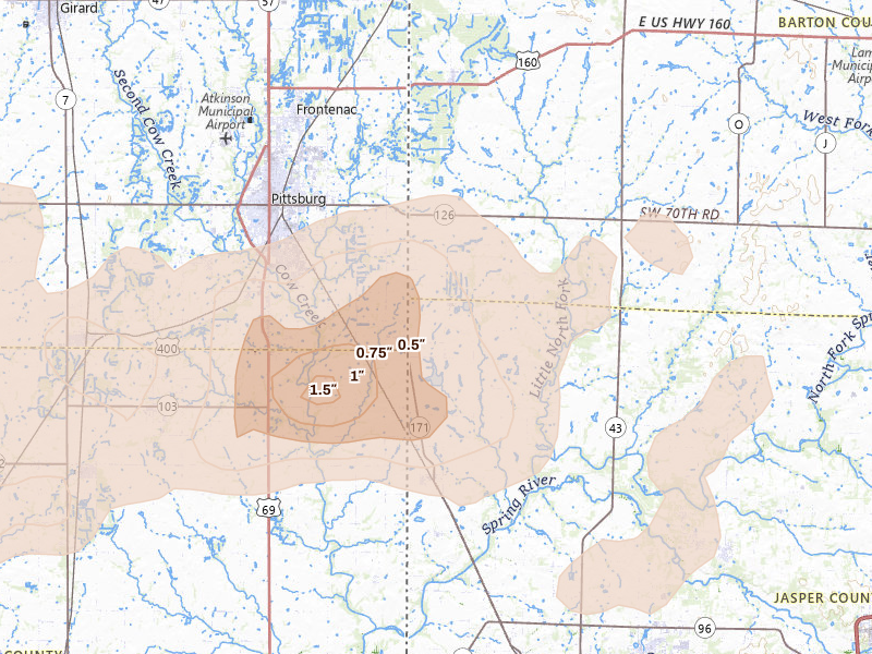 Radar-estimated hail-size map of the storm over Asbury, MO on Jun 13, 2026