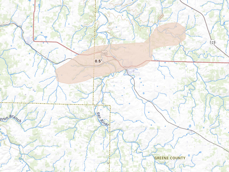 Radar-estimated hail-size map of the storm over Ash Grove, MO on Apr 27, 2026