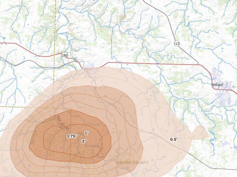 Radar-estimated hail-size map of the storm over Ash Grove, MO on Aug 6, 2026