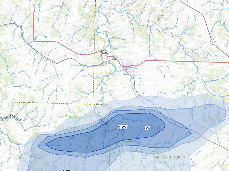 NEXRAD radar-signature map of the hail storm over Ash Grove, MO on Aug 6, 2026