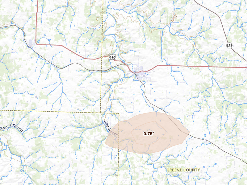 Radar-estimated hail-size map of the storm over Ash Grove, MO on Aug 16, 2026