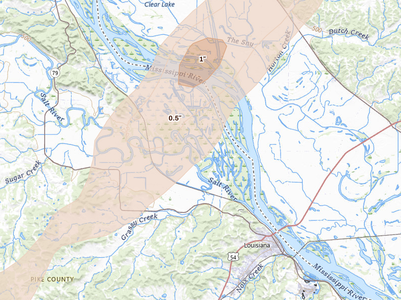 Radar-estimated hail-size map of the storm over Ashburn, MO on Apr 26, 2026