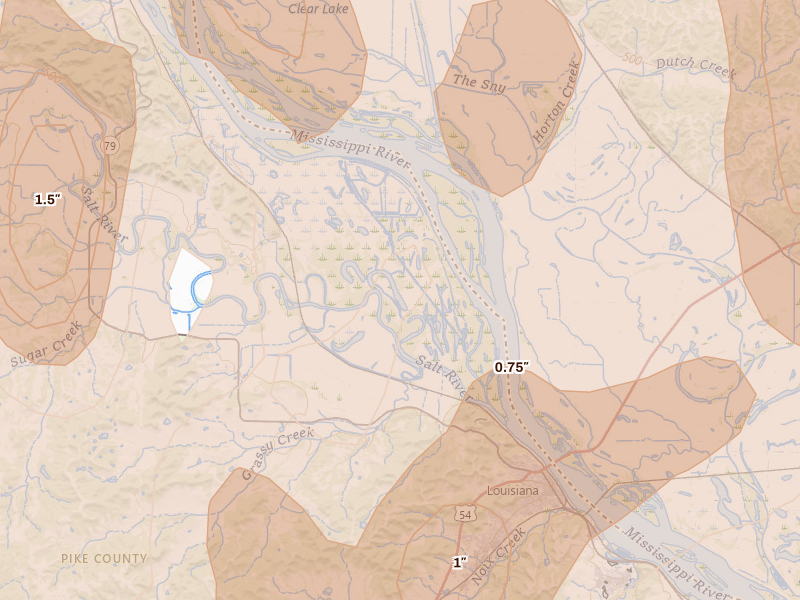 Radar-estimated hail-size map of the storm over Ashburn, MO on Apr 27, 2026