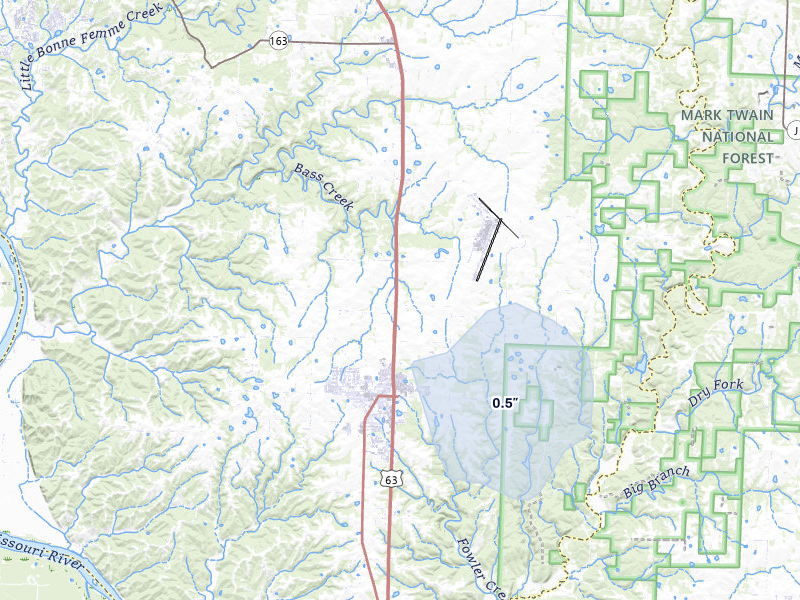 NEXRAD radar-signature map of the hail over Ashland, MO