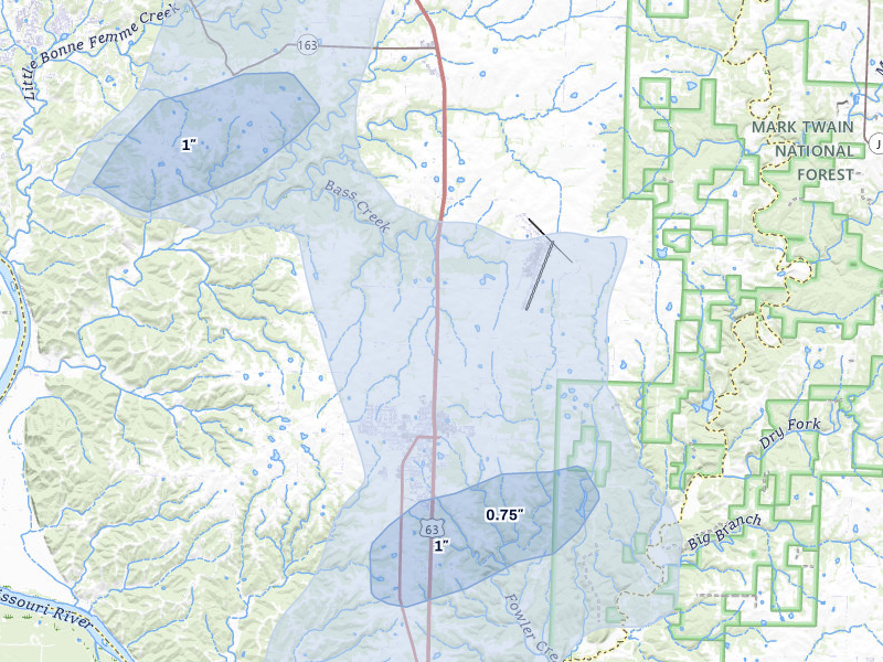 NEXRAD radar-signature map of the hail over Ashland, MO