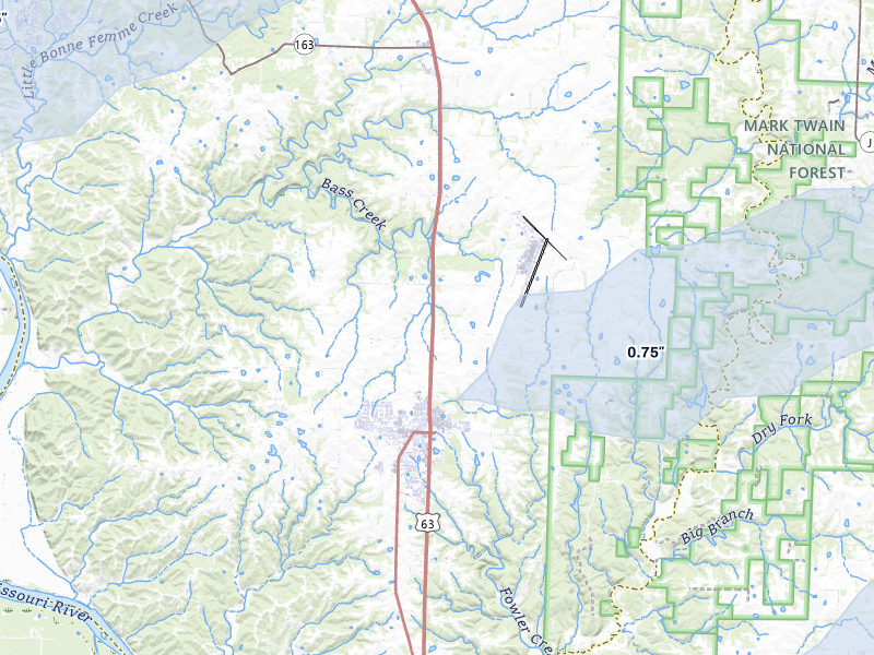 NEXRAD radar-signature map of the hail over Ashland, MO