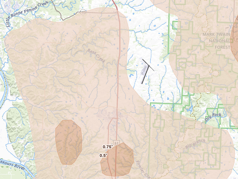 Radar-estimated hail-size map of the storm over Ashland, MO on May 31, 2026