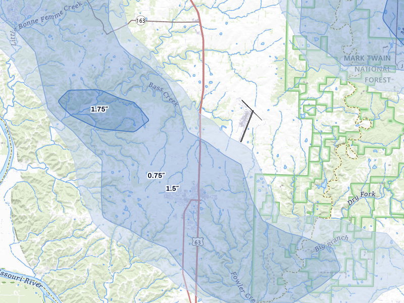 NEXRAD radar-signature map of the hail storm over Ashland, MO on May 31, 2026