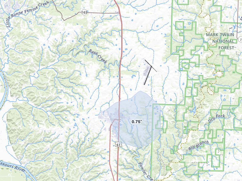 NEXRAD radar-signature map of the hail storm over Ashland, MO on Jun 8, 2026