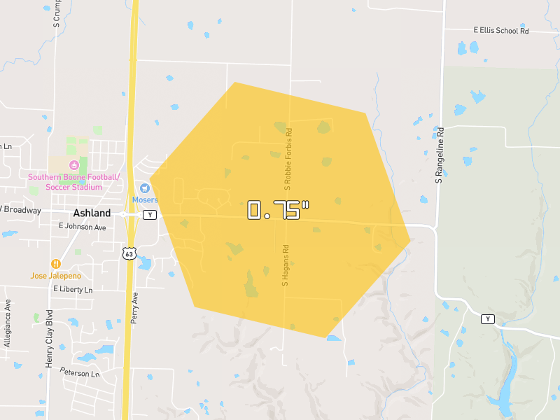 Hail map of Ashland, MO on Jun 9, 2026, hail up to 0.75"