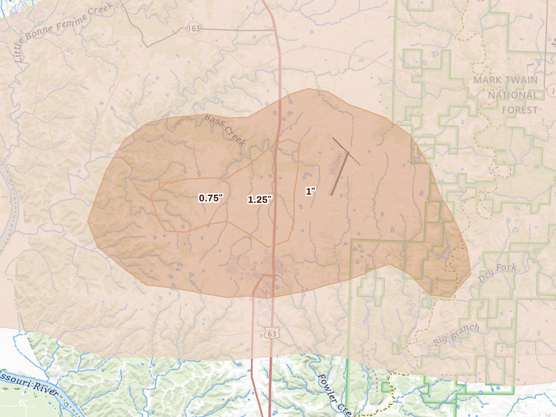 Radar-estimated hail-size map of the storm over Ashland, MO on Jun 11, 2026