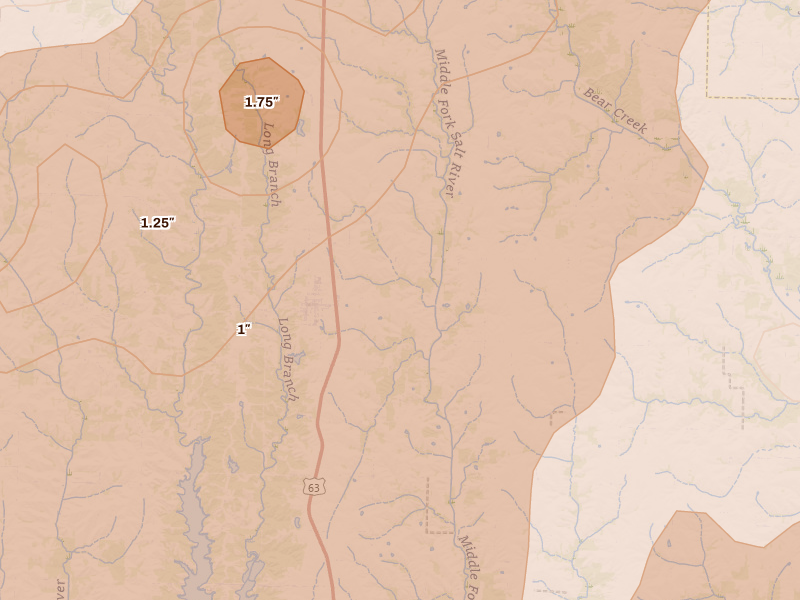 Radar-estimated hail-size map of the storm over Atlanta, MO on Jun 11, 2026