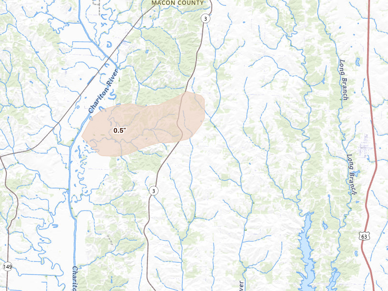 Radar-estimated hail-size map of the storm over Atlanta, MO on Aug 19, 2026