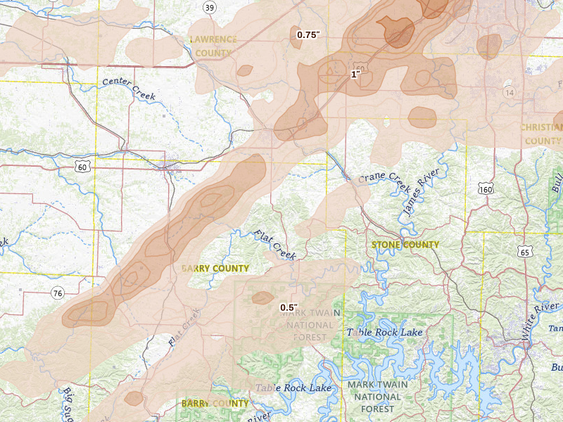 Radar-estimated hail-size map of the storm over Aurora, MO on Apr 28, 2026