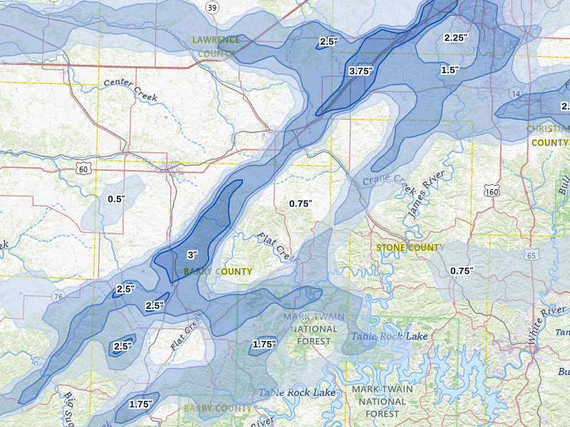 NEXRAD radar-signature map of the hail storm over Aurora, MO on Apr 28, 2026