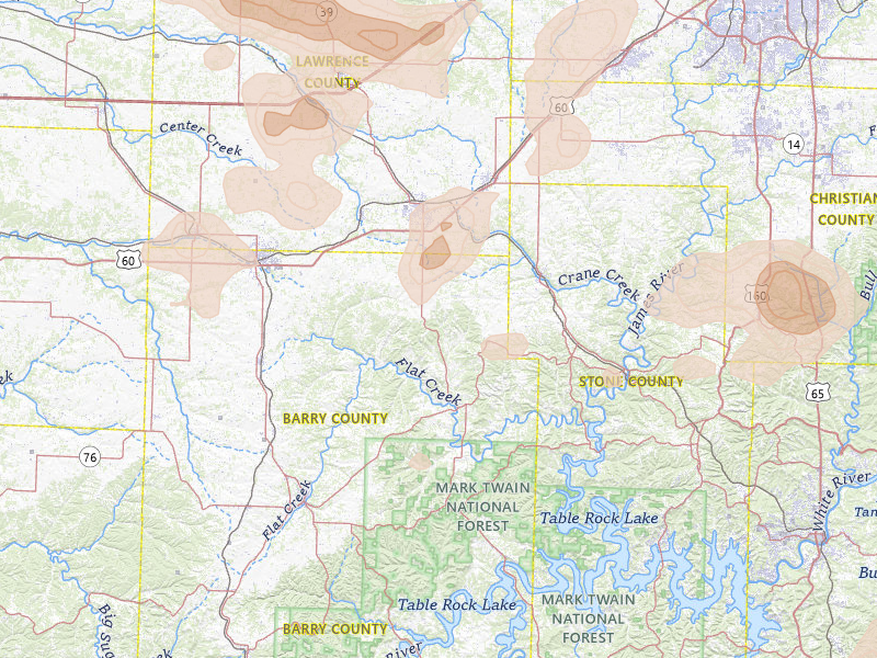 Radar-estimated hail-size map of the storm over Aurora, MO on May 30, 2026
