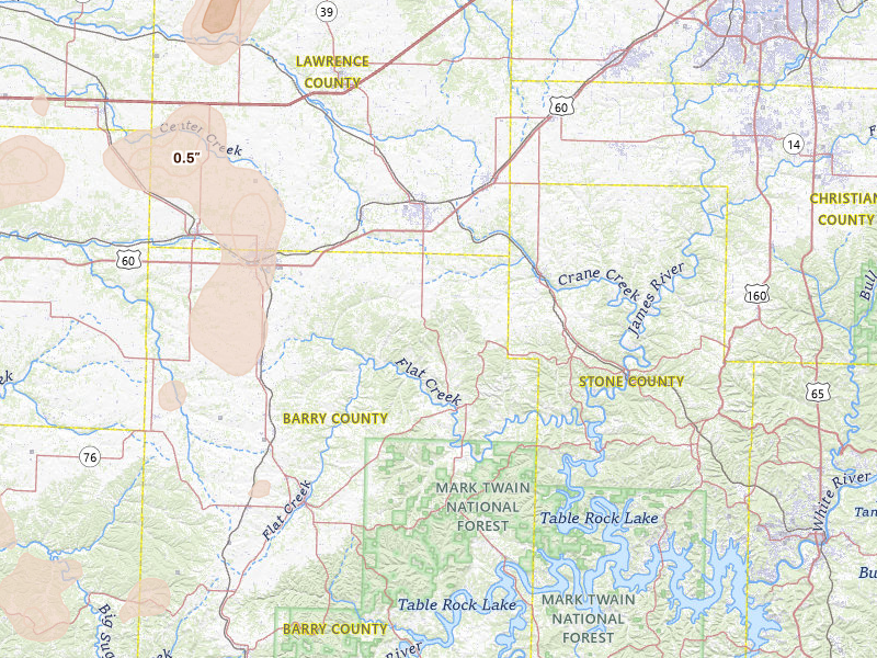 Radar-estimated hail-size map of the storm over Aurora, MO on Jul 4, 2026