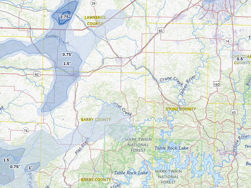 NEXRAD radar-signature map of the hail over Aurora, MO