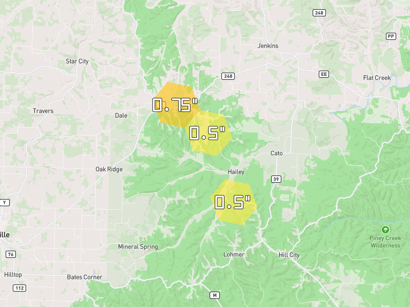 Hail map of Aurora, MO on Jul 5, 2026, hail up to 0.75"