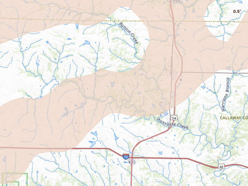 Radar-estimated hail-size map of the storm over Auxvasse, MO on Apr 27, 2026
