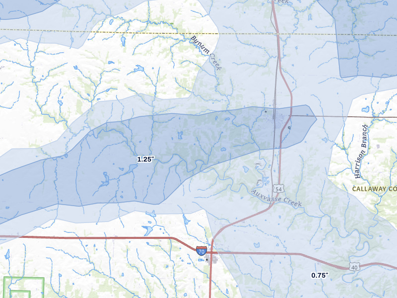 NEXRAD radar-signature map of the hail over Auxvasse, MO