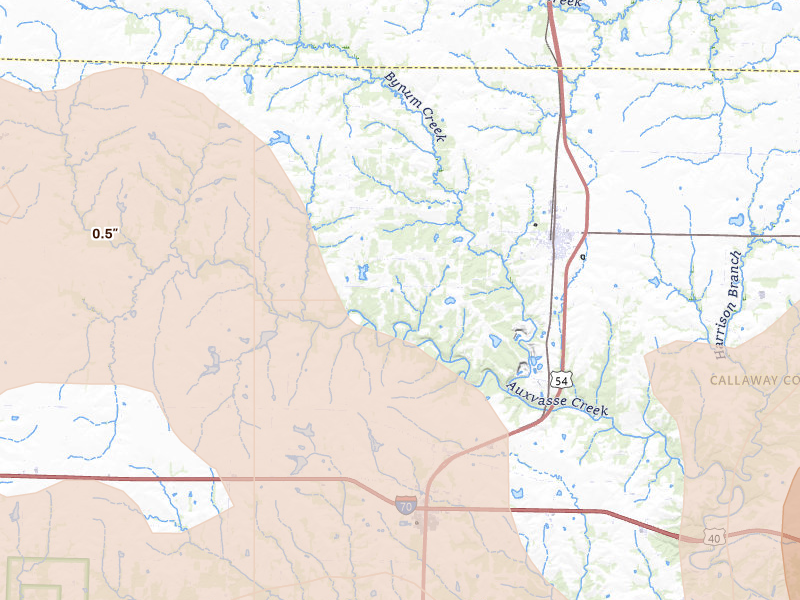 Radar-estimated hail-size map of the storm over Auxvasse, MO on May 31, 2026