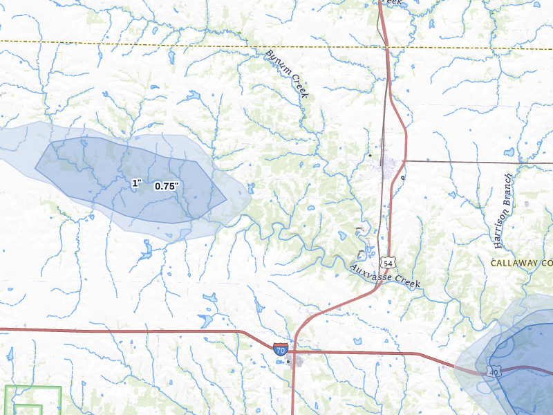 NEXRAD radar-signature map of the hail storm over Auxvasse, MO on May 31, 2026