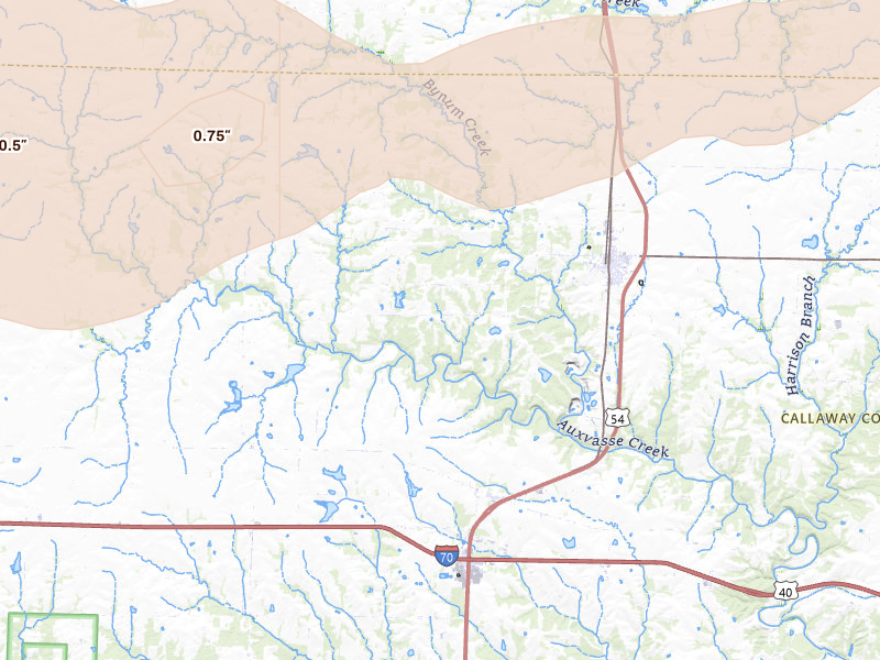 Radar-estimated hail-size map of the storm over Auxvasse, MO on Jun 11, 2026
