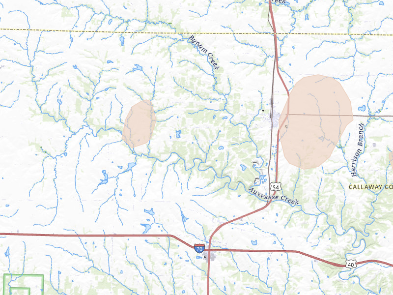 Radar-estimated hail-size map of the storm over Auxvasse, MO on Jul 10, 2026