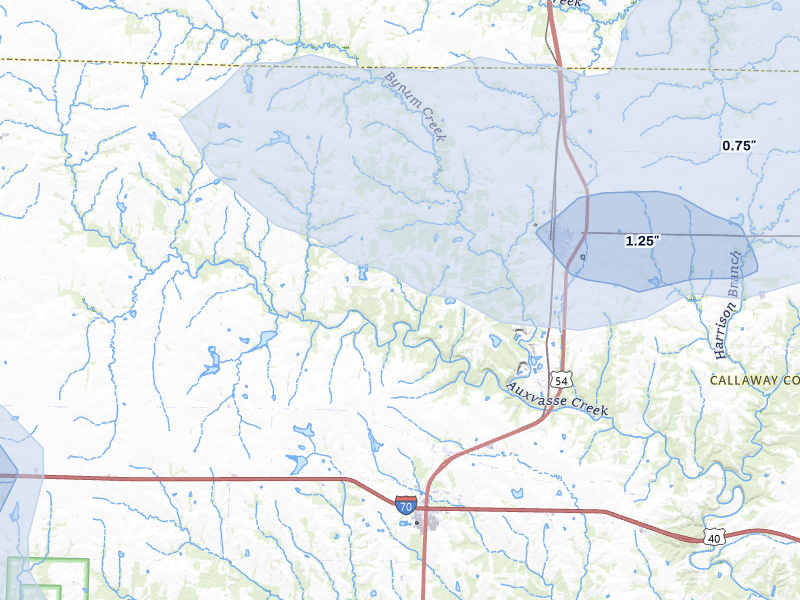 NEXRAD radar-signature map of the hail storm over Auxvasse, MO on Jul 10, 2026