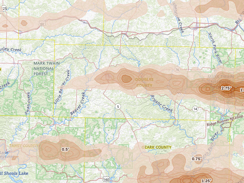 Radar-estimated hail-size map of the storm over Ava, MO on Apr 27, 2026
