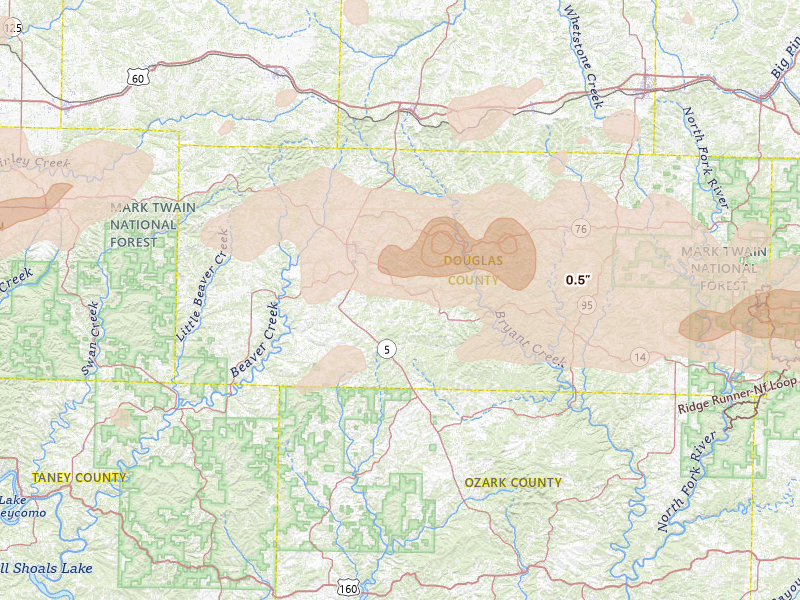 Radar-estimated hail-size map of the storm over Ava, MO on Apr 28, 2026