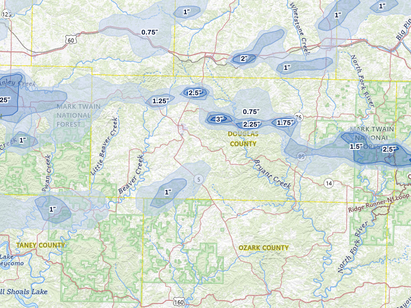 NEXRAD radar-signature map of the hail storm over Ava, MO on Apr 28, 2026