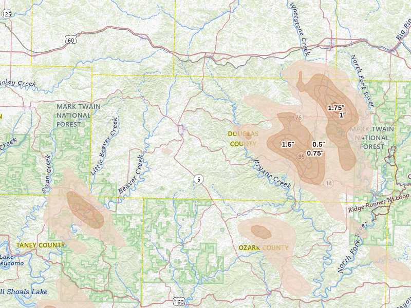 Radar-estimated hail-size map of the storm over Ava, MO on Jun 1, 2026