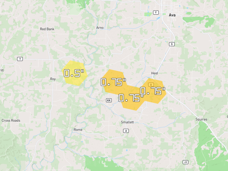 Hail map of Ava, MO on Jun 1, 2026, hail up to 0.75"