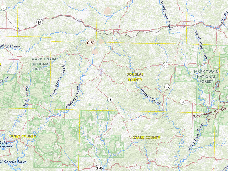 Radar-estimated hail-size map of the storm over Ava, MO on Jun 25, 2026
