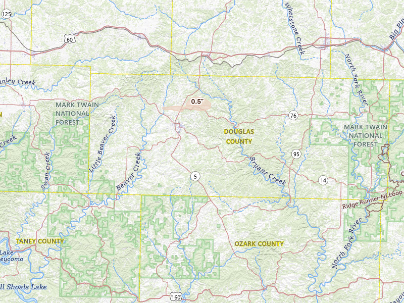 Radar-estimated hail-size map of the storm over Ava, MO on Jun 26, 2026