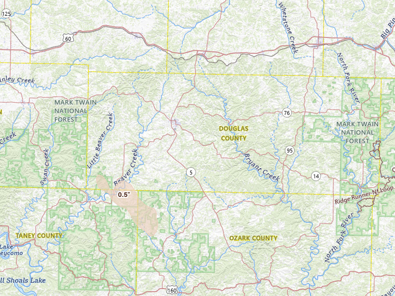 Radar-estimated hail-size map of the storm over Ava, MO on Jul 4, 2026