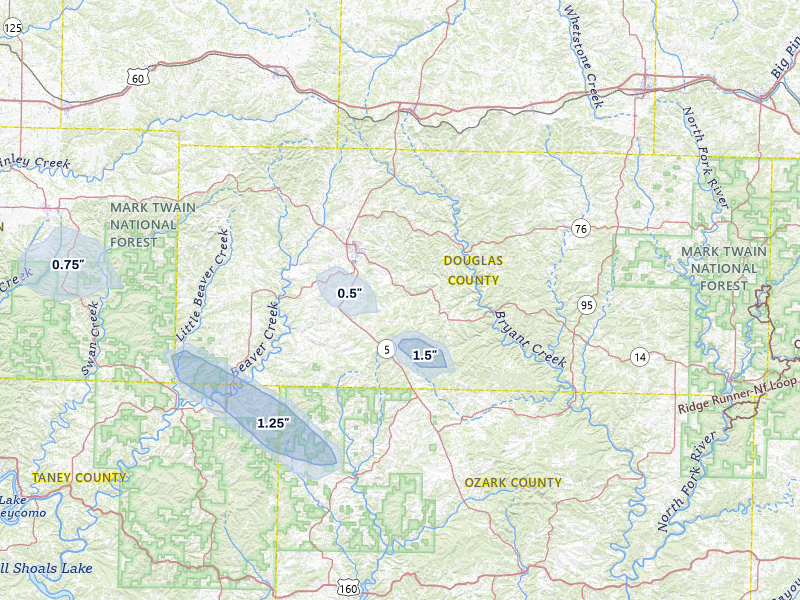 NEXRAD radar-signature map of the hail over Ava, MO