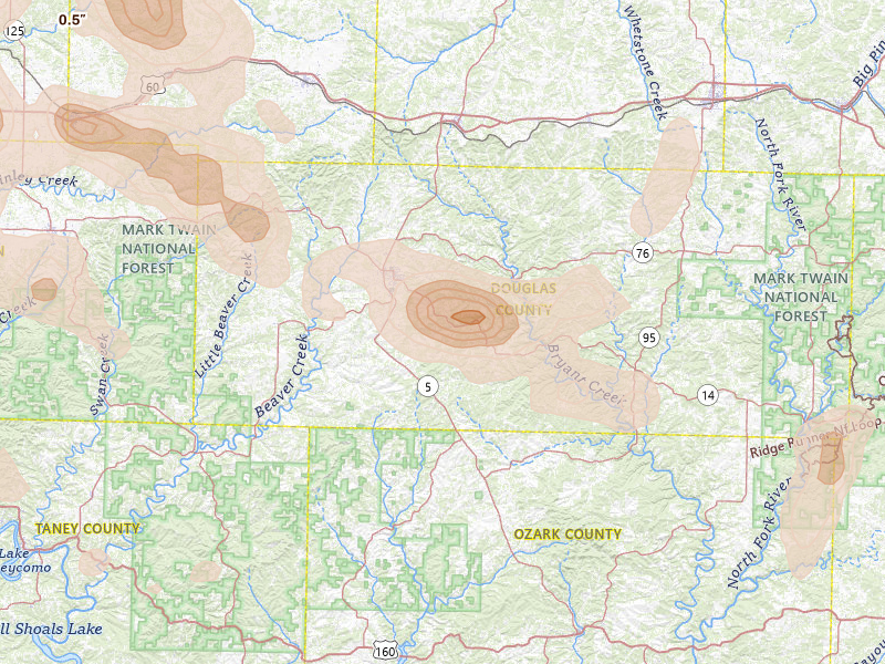 Radar-estimated hail-size map of the storm over Ava, MO on Aug 6, 2026