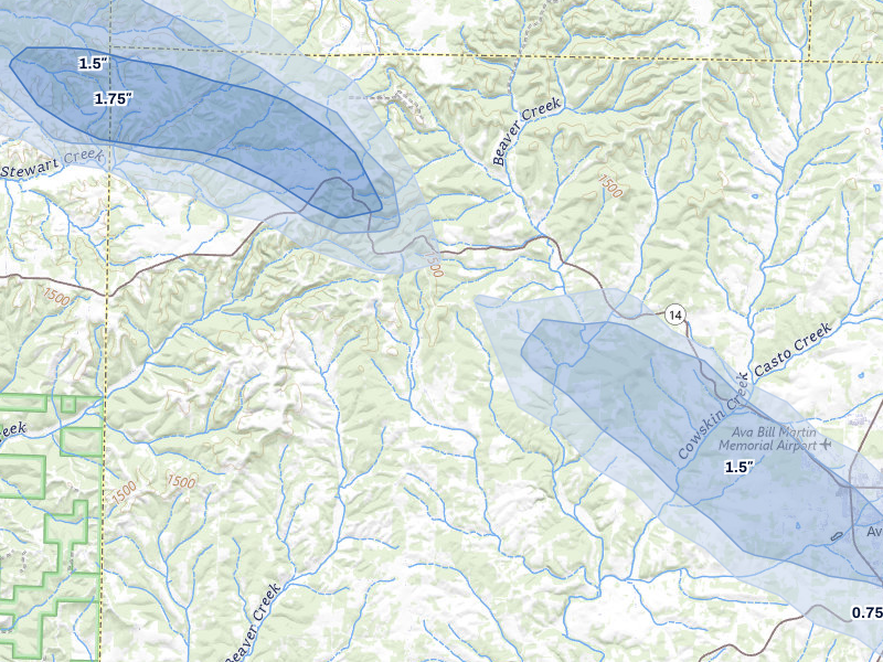 NEXRAD radar-signature map of the hail storm over Ava, MO on Aug 6, 2026