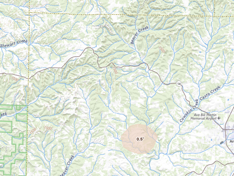 Radar-estimated hail-size map of the storm over Ava, MO on Aug 7, 2026