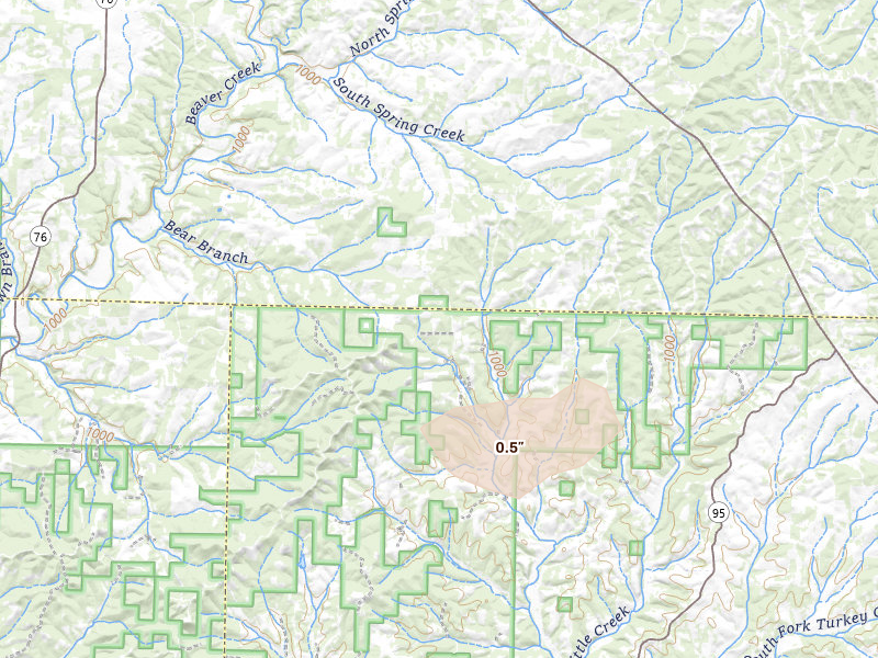 Radar-estimated hail-size map of the storm over Ava, MO on Aug 16, 2026