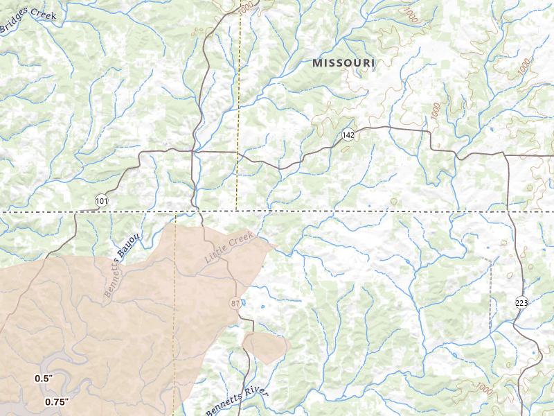 Radar-estimated hail-size map of the storm over Bakersfield, MO on Mar 15, 2026