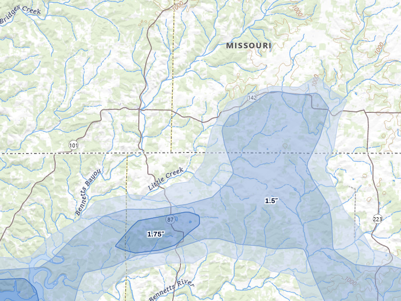 NEXRAD radar-signature map of the hail storm over Bakersfield, MO on Mar 15, 2026